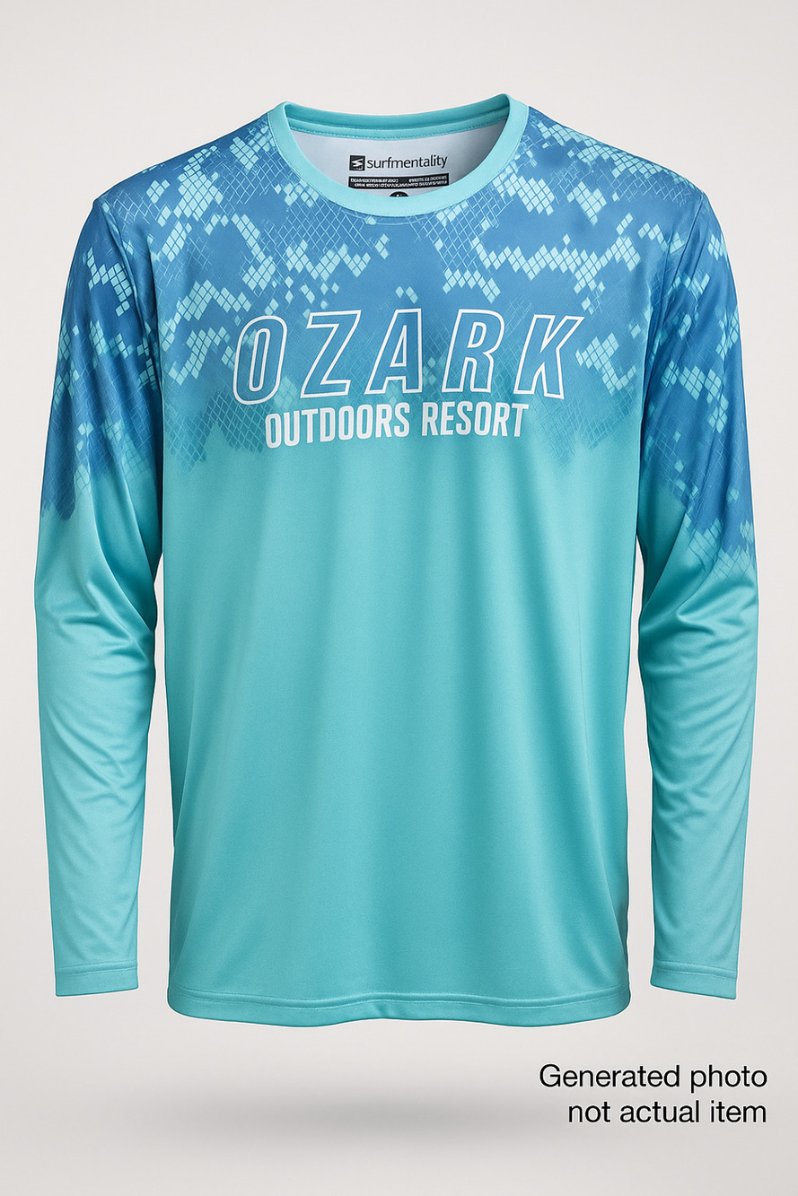 Surfmentality Ozark Outdoors Resort Fishing Sun Shirt Tee Blue Gradient XXL